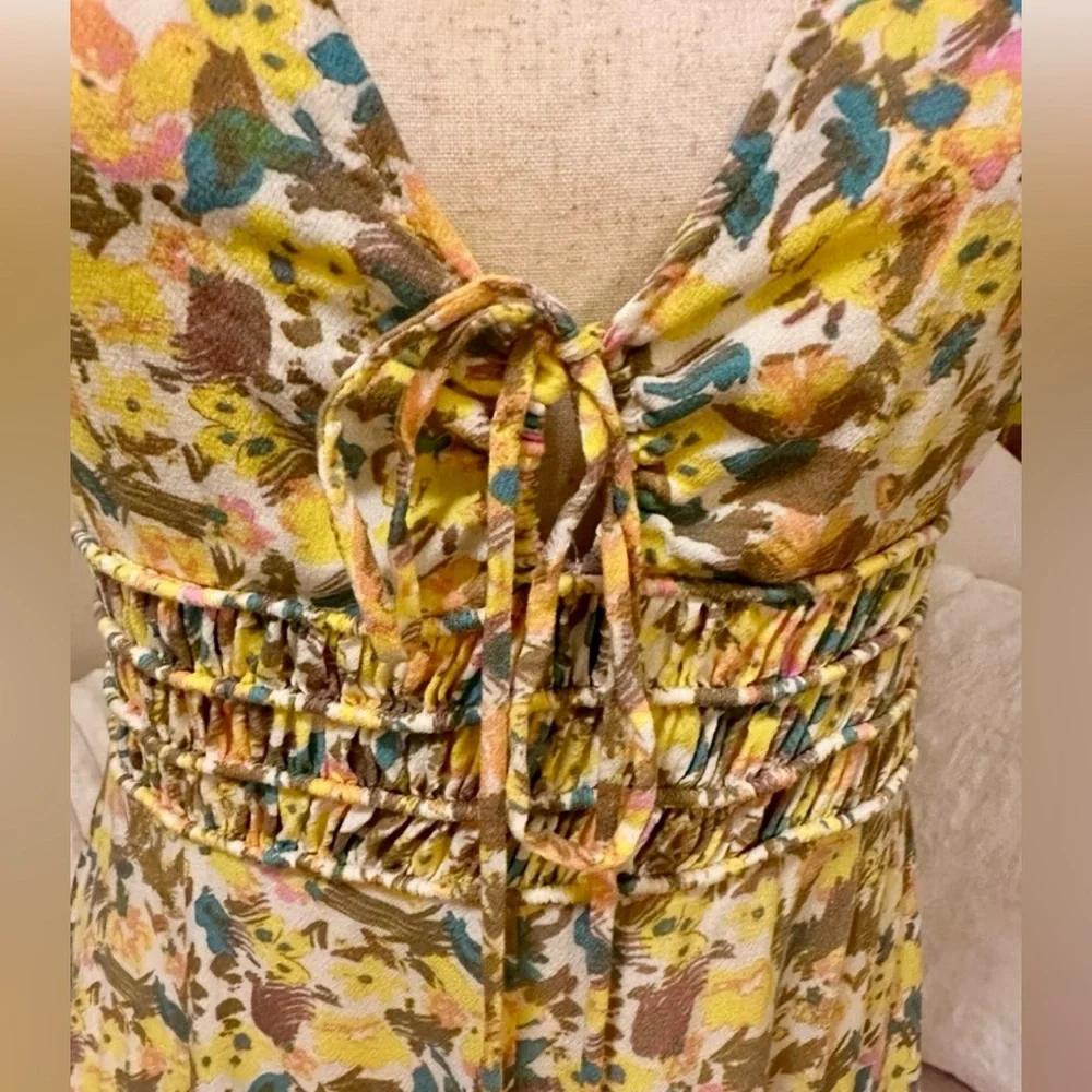 Free People Forget Me Knot yellow floral tie front V neck minidress women’s Sz 8 - Picture 6 of 14